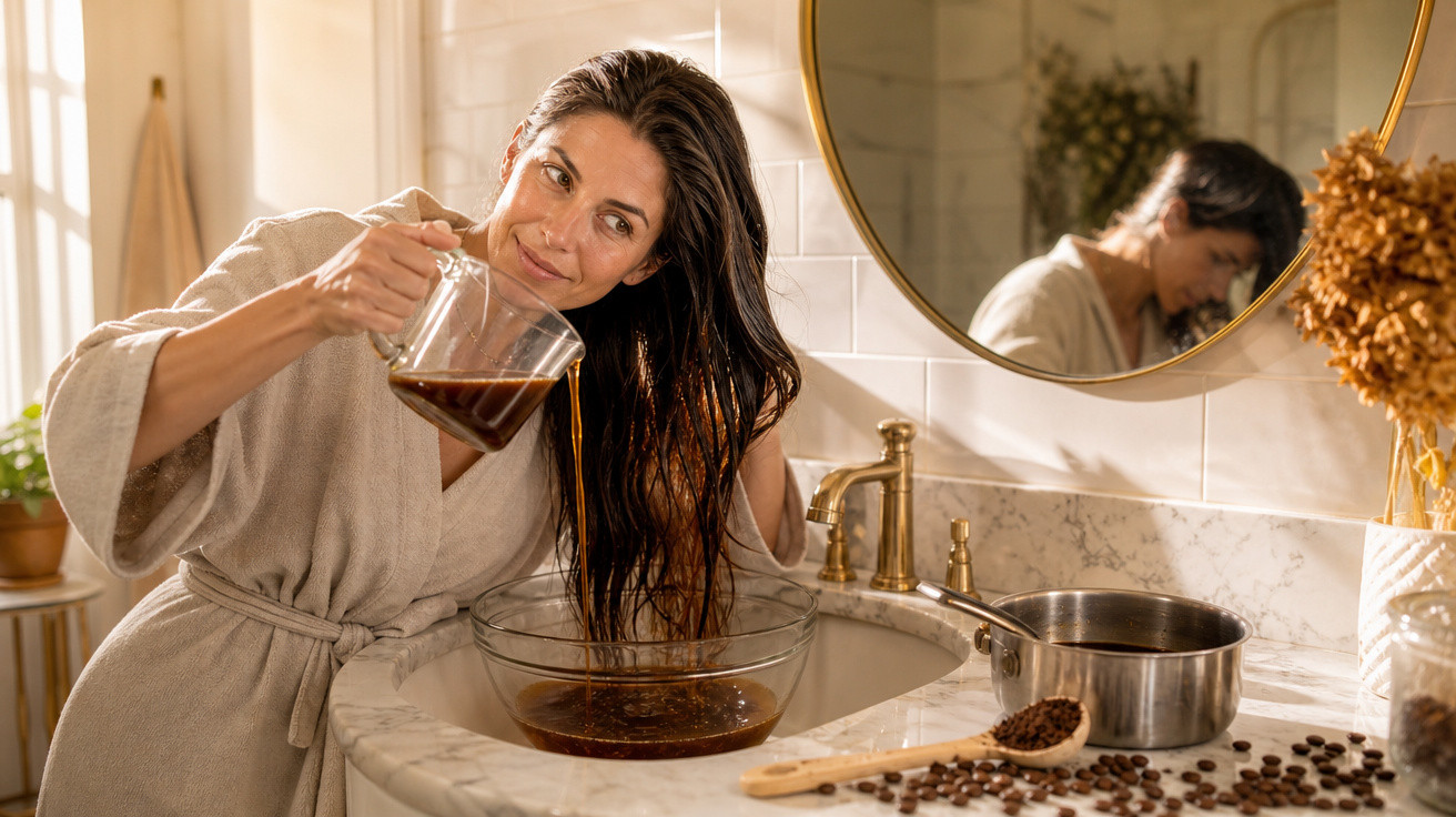 Mulher a aplicar infusão de café no cabelo numa casa de banho com espelho e plantas.