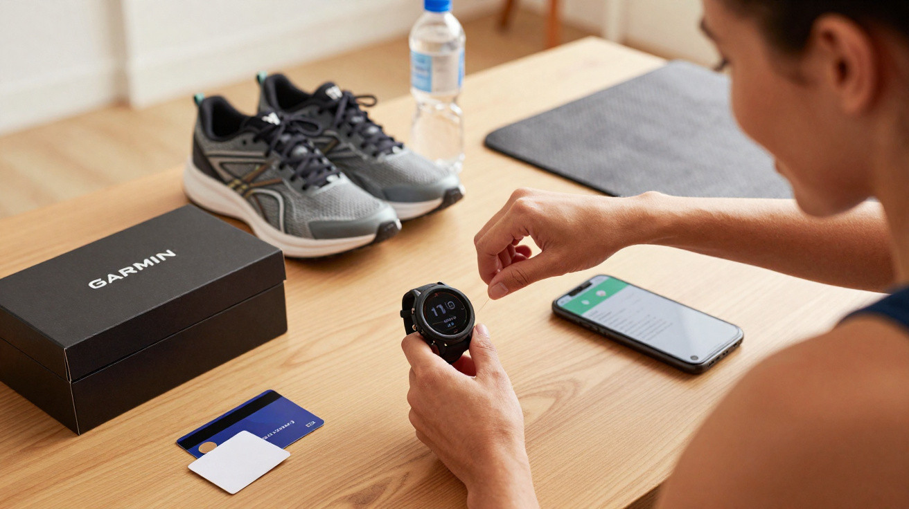 Pessoa a ajustar relógio desportivo Garmin numa mesa com ténis, garrafa de água, smartphone e cartões.