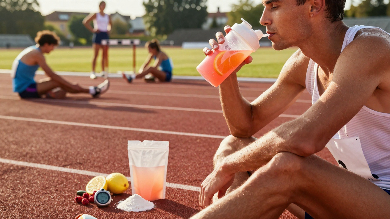 Atleta a hidratar-se com bebida energética numa pista de atletismo, outros praticantes ao fundo a alongar.