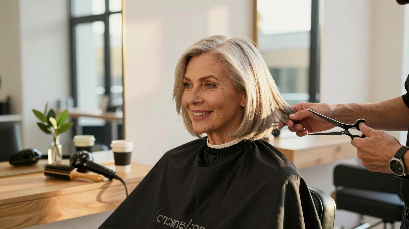 Mulher sénior sorridente a receber corte de cabelo numa cabeleireira luminosa e moderna.