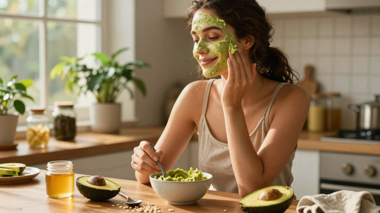 Mulher aplica máscara facial de abacate enquanto está sentada à mesa na cozinha com abacates e mel.