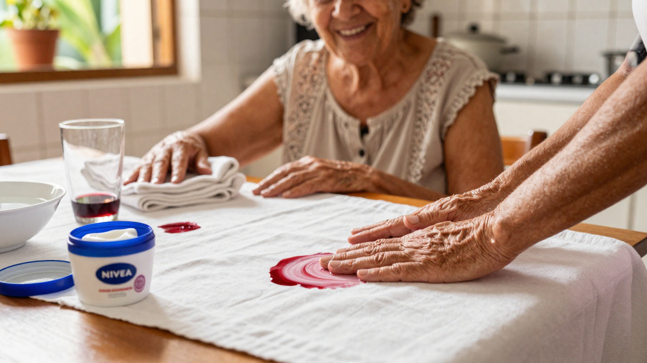 Mãos de idoso a usar creme para limpar nódoa de vinho tinto numa toalha branca, com senhora sorridente ao fundo.