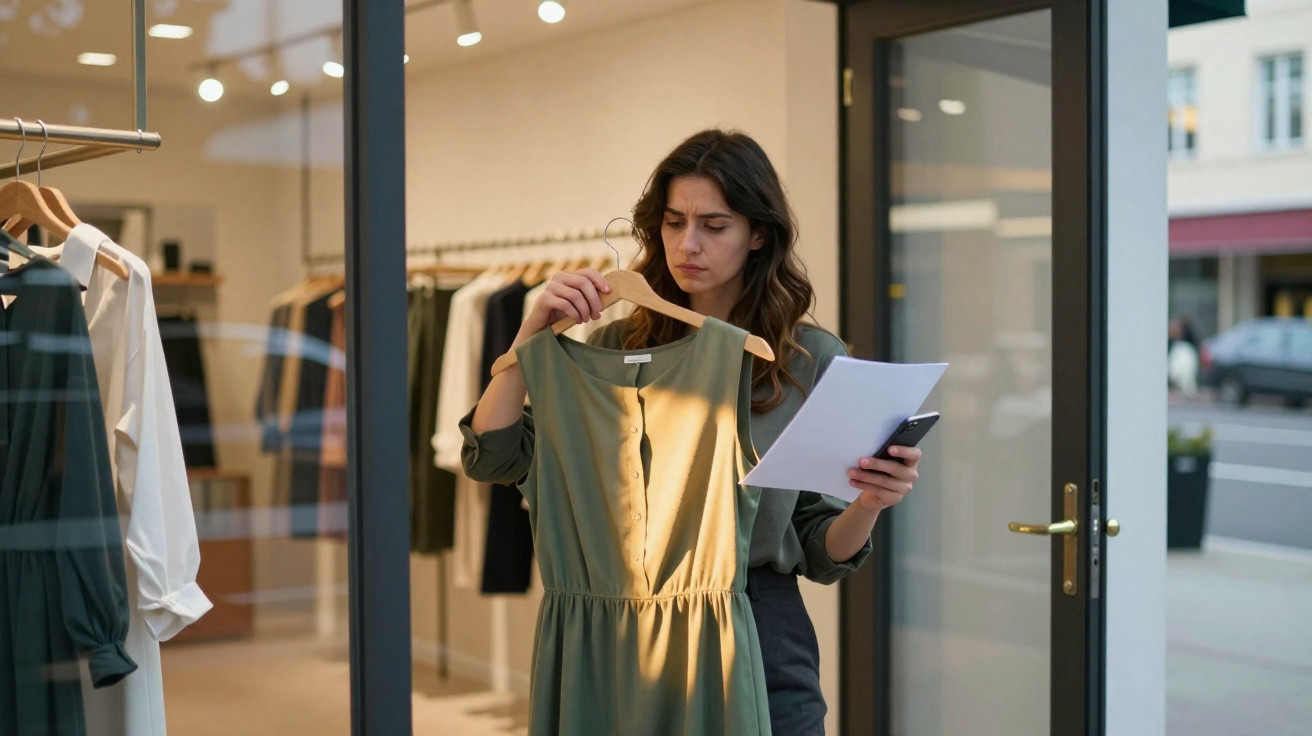 Mulher numa loja a avaliar vestido verde, segurando telemóvel e papéis, em ambiente moderno e iluminado.