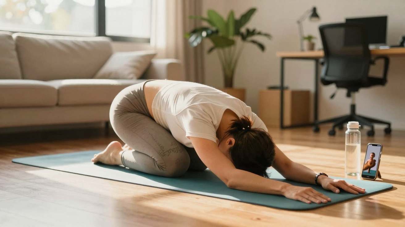 Mulher a praticar yoga em casa seguindo uma aula online no telemóvel, numa sala iluminada e confortável.