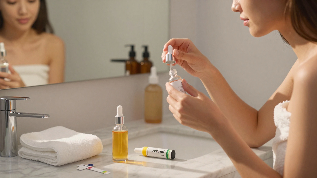 Mulher segurando frasco de sérum, numa casa de banho, com toalha branca e produtos de skincare na bancada.