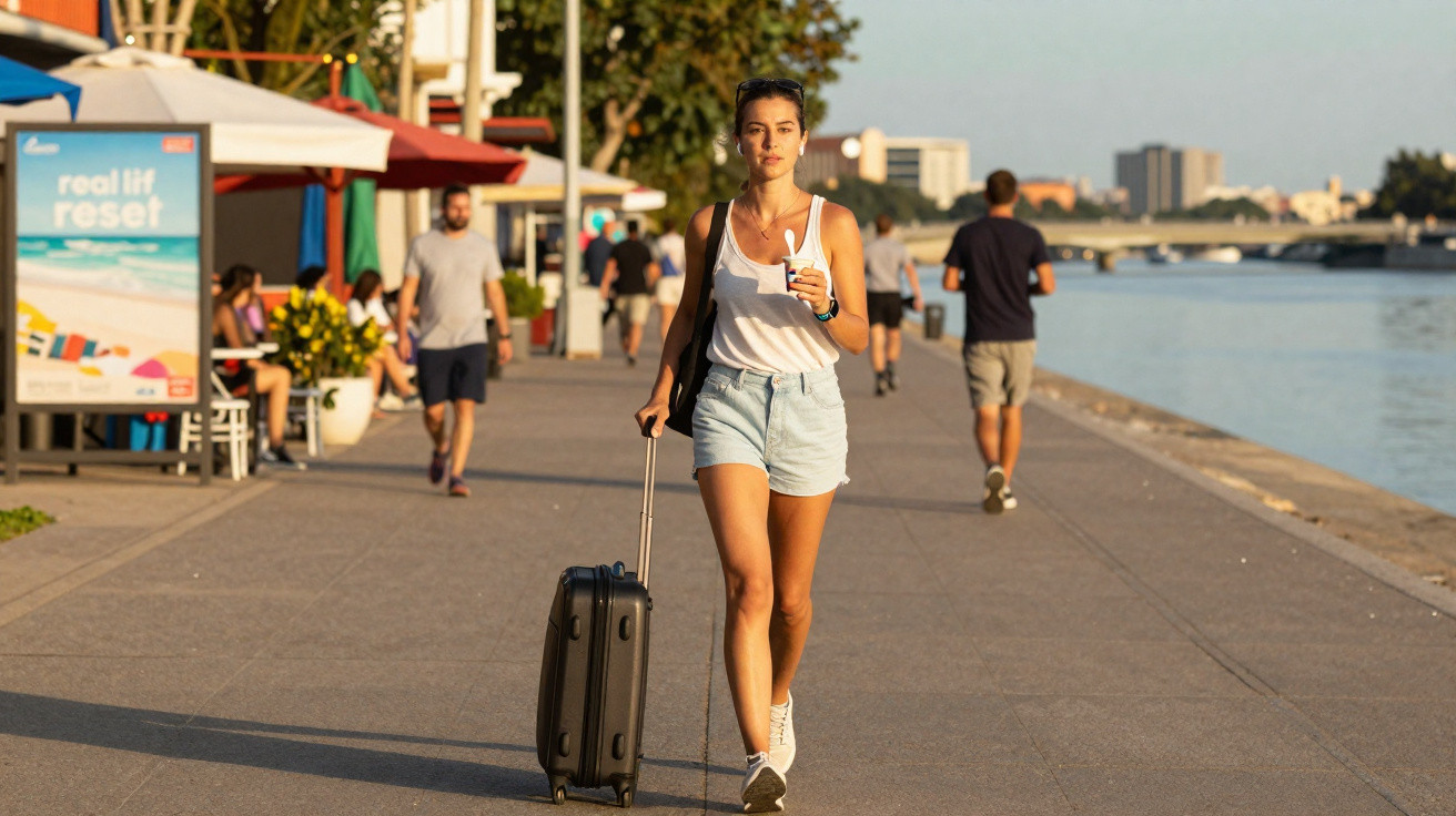 Jovem com top branco e calções azuis a andar com mala de viagem e bebida numa calçada junto a um rio.