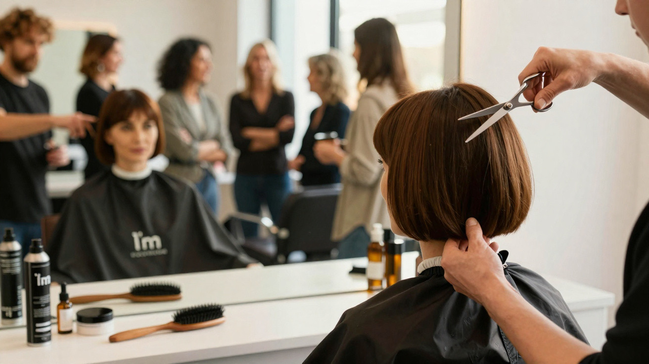 Mulher a cortar cabelo curto num cabeleireiro com várias pessoas ao fundo e produtos na bancada.