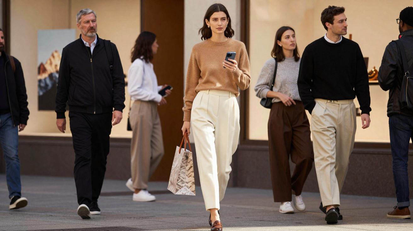 Grupo de pessoas a caminhar num passeio urbano com roupas casuais e modernas.