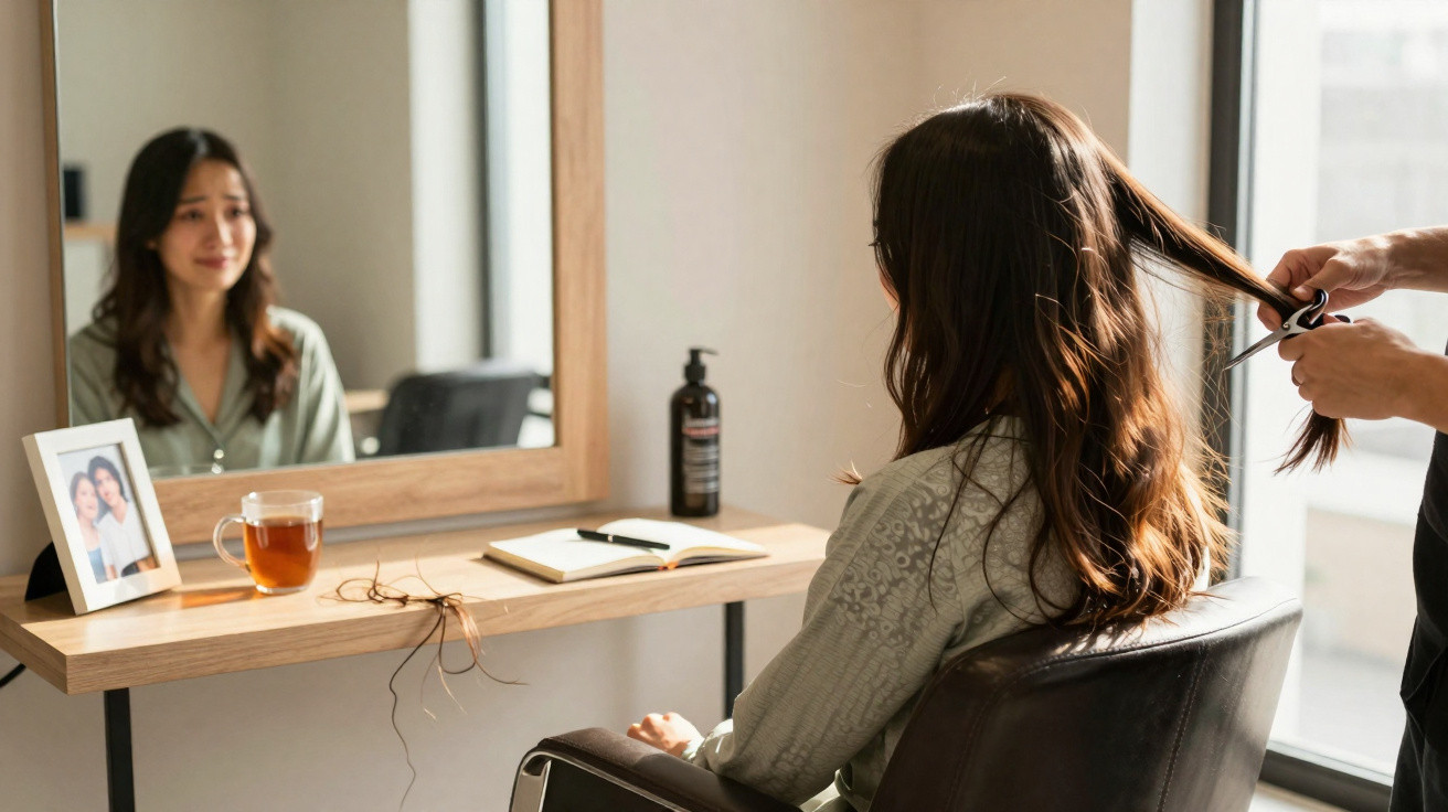 Mulher sentada a cortar cabelo com expressão triste diante de espelho numa sala iluminada.