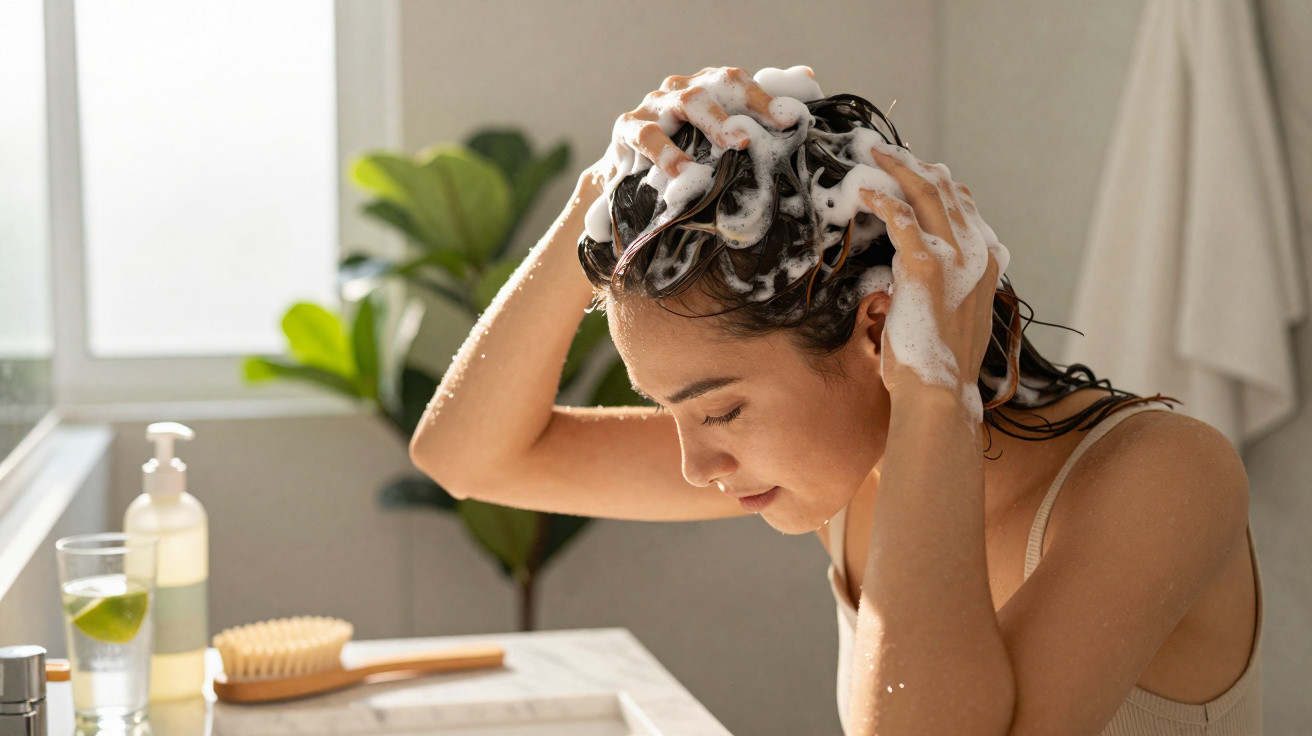 Mulher lavando o cabelo com espuma num ambiente luminoso e tranquilo de casa de banho.