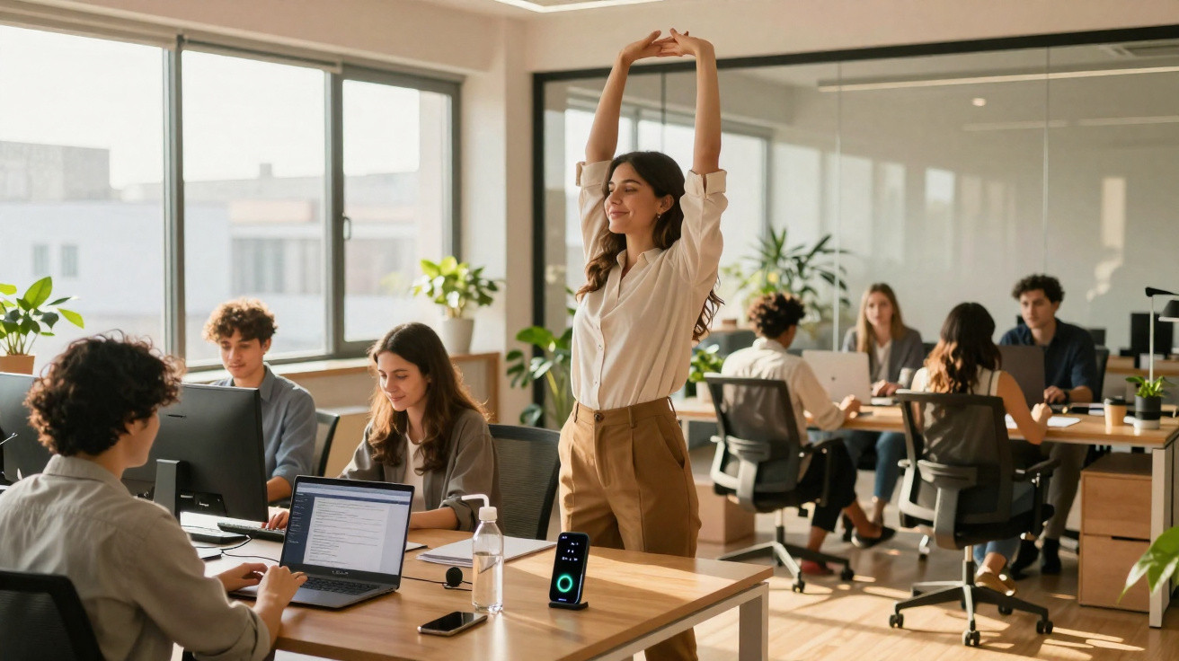 Jovem mulher a alongar-se no escritório moderno com colegas a trabalhar em computadores à volta.