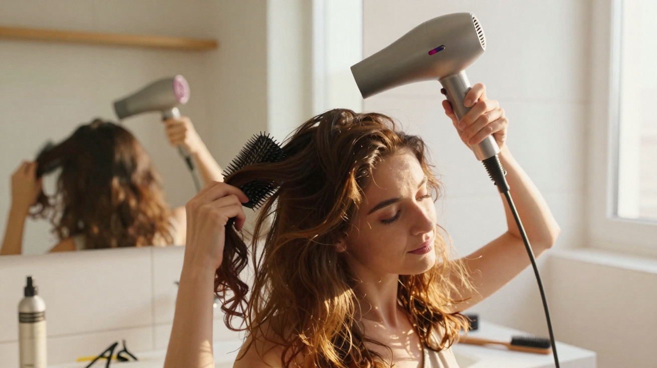 Mulher a secar o cabelo com secador e escova num WC iluminado por luz natural.