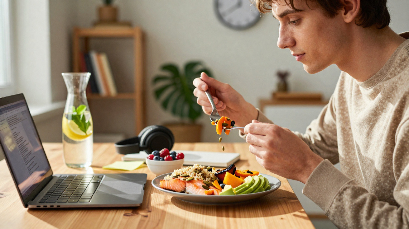 Jovem sentado a comer uma refeição saudável na mesa com computador portátil e jarra de água com limão.