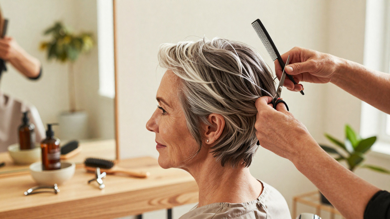 Mulher com cabelo curto cinza a ser cortado num salão de cabeleireiro tranquilo e luminoso.