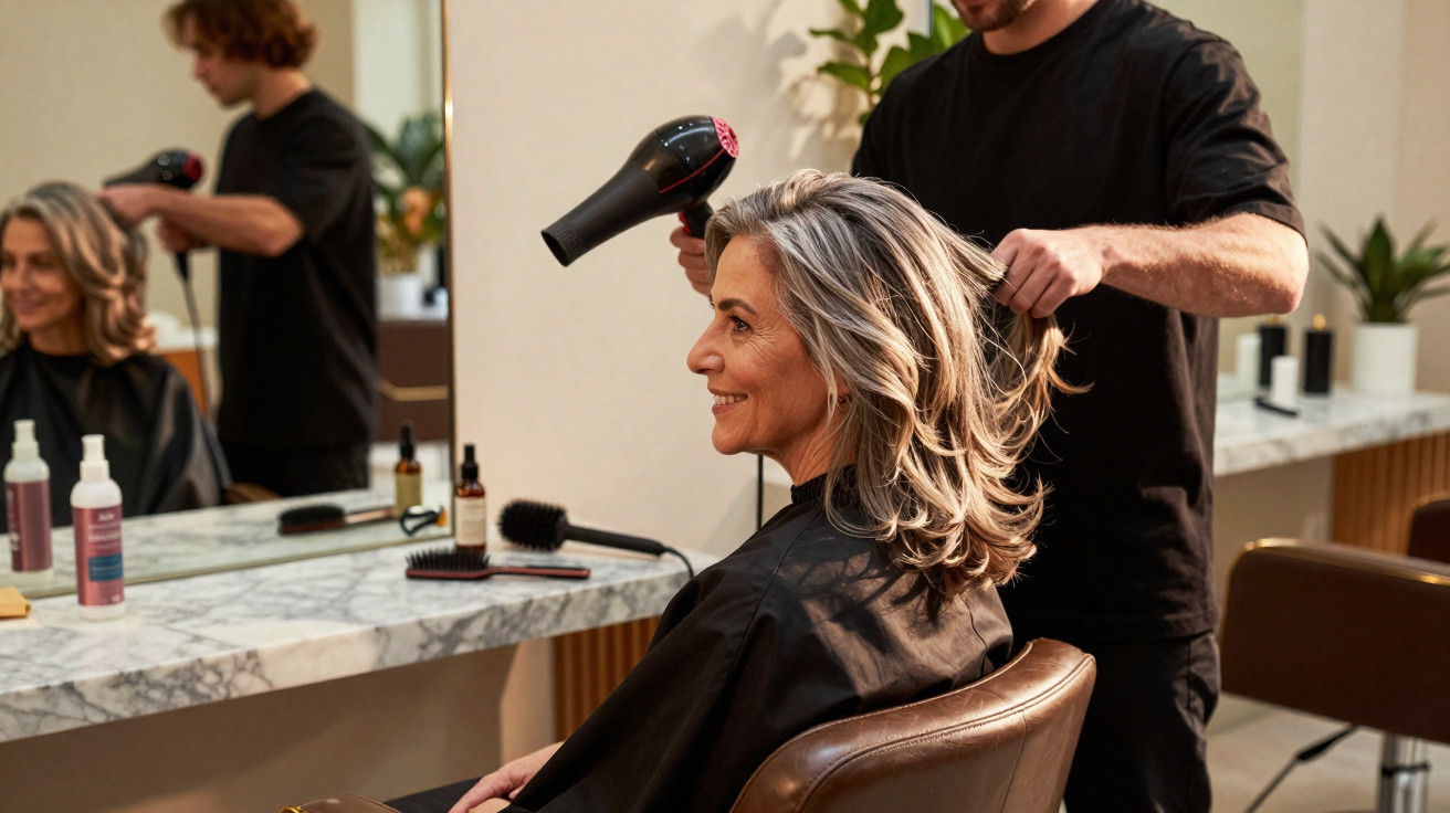 Mulher sorridente a secar e pentear o cabelo num salão de cabeleireiro moderno.