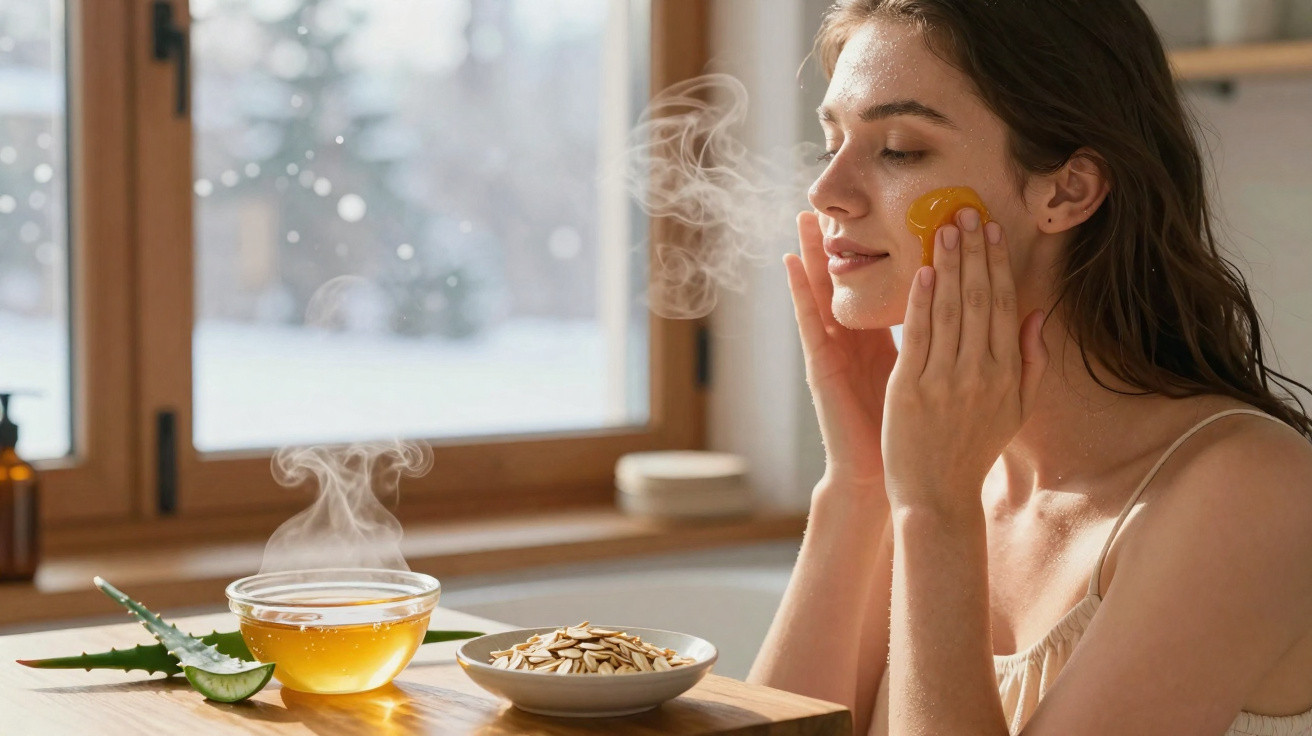 Mulher aplica máscara facial de mel em ambiente natural com aroma de infusão e fatias de pepino.