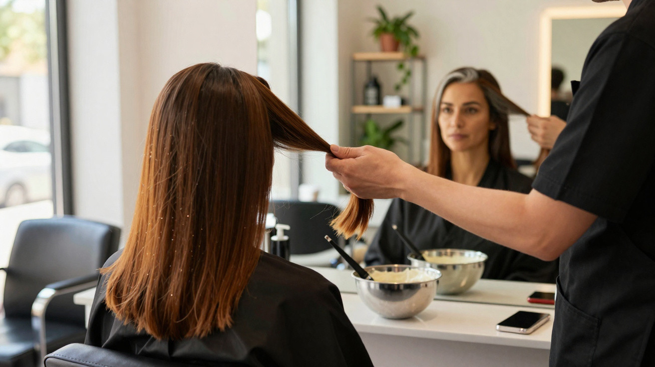 Cabeleireiro a analisar cabelo de mulher sentada com capa preta num salão moderno.