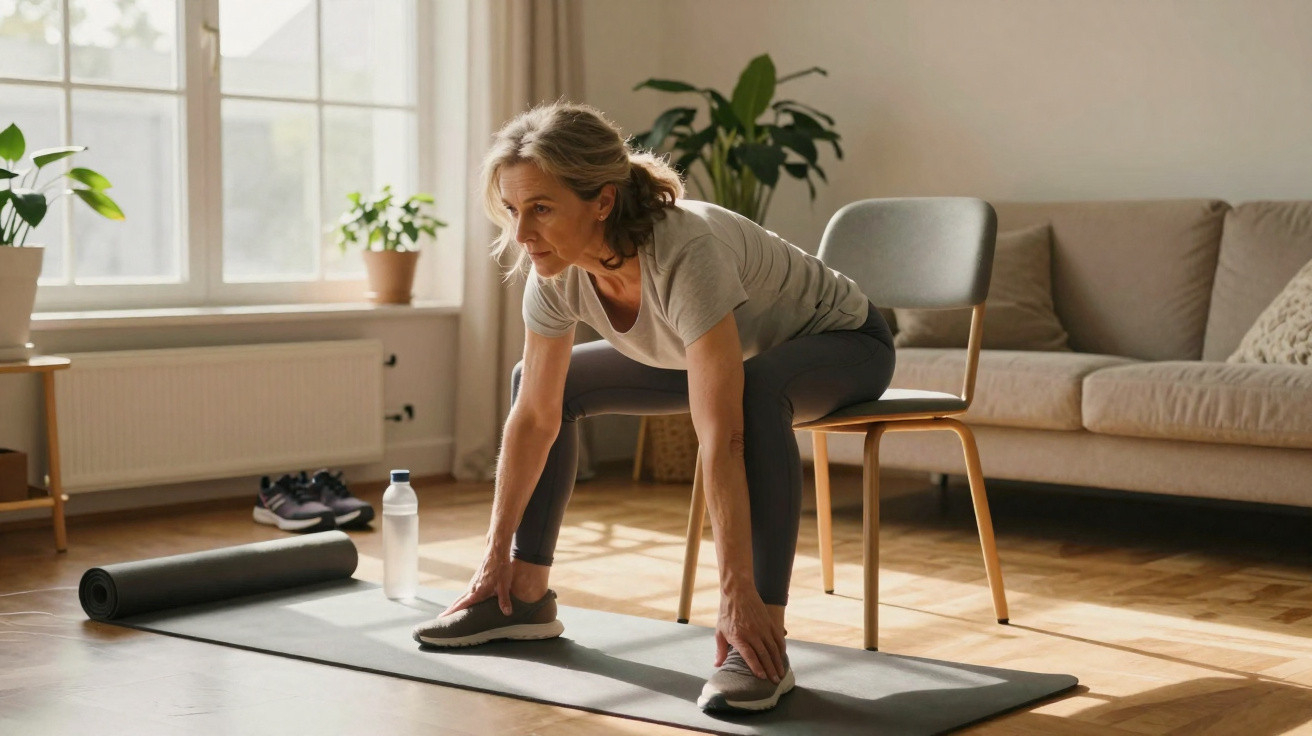 Mulher madura a fazer alongamentos sentada numa cadeira em sala luminosa com tapete de yoga.