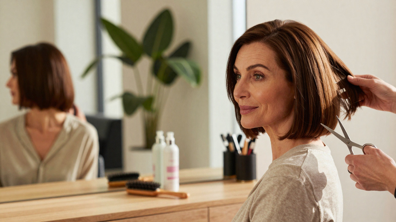 Mulher de meia-idade a cortar o cabelo num salão moderno, com espelho e plantas ao fundo.