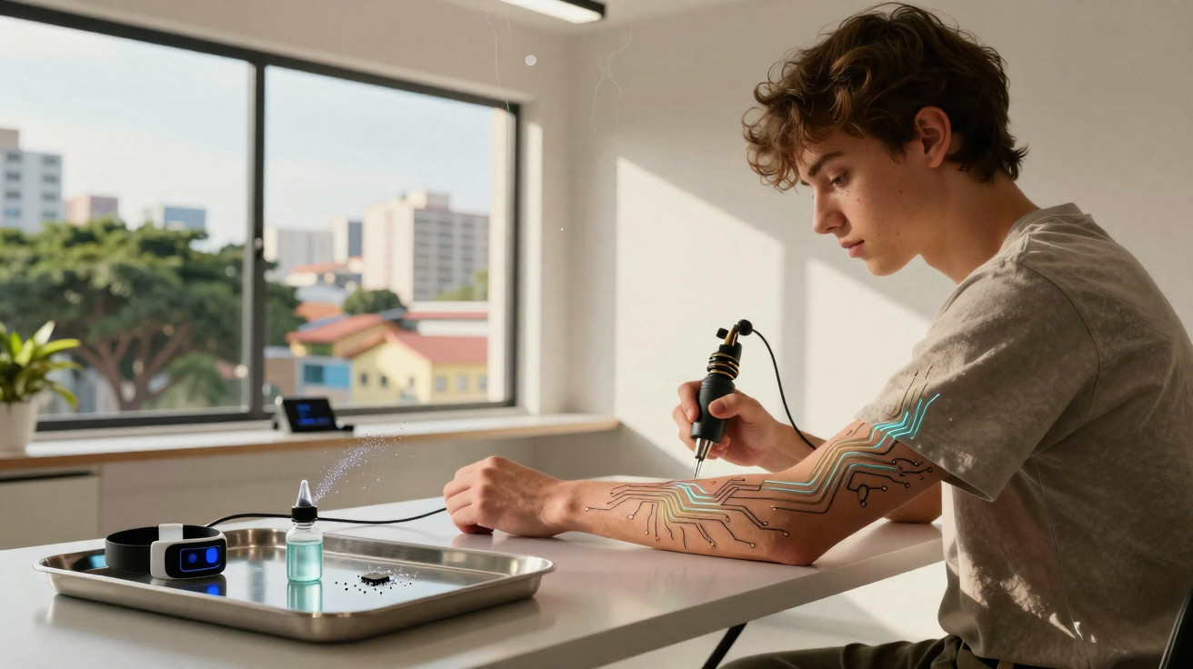 Jovem faz tatuagem tecnológica futurista no braço num ambiente moderno e iluminado.