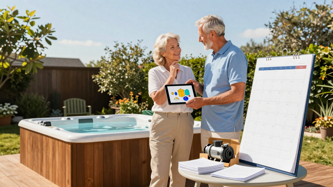 Casal sénior a discutir plano de projeto com tablet e calendários junto a jacuzzi num jardim.