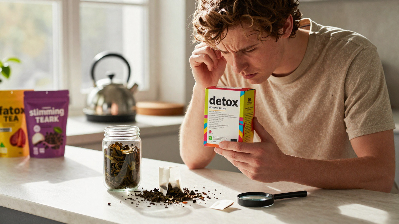 Homem na cozinha lê embalagem de chá detox enquanto examina folhas de chá e saquinhos na mesa.