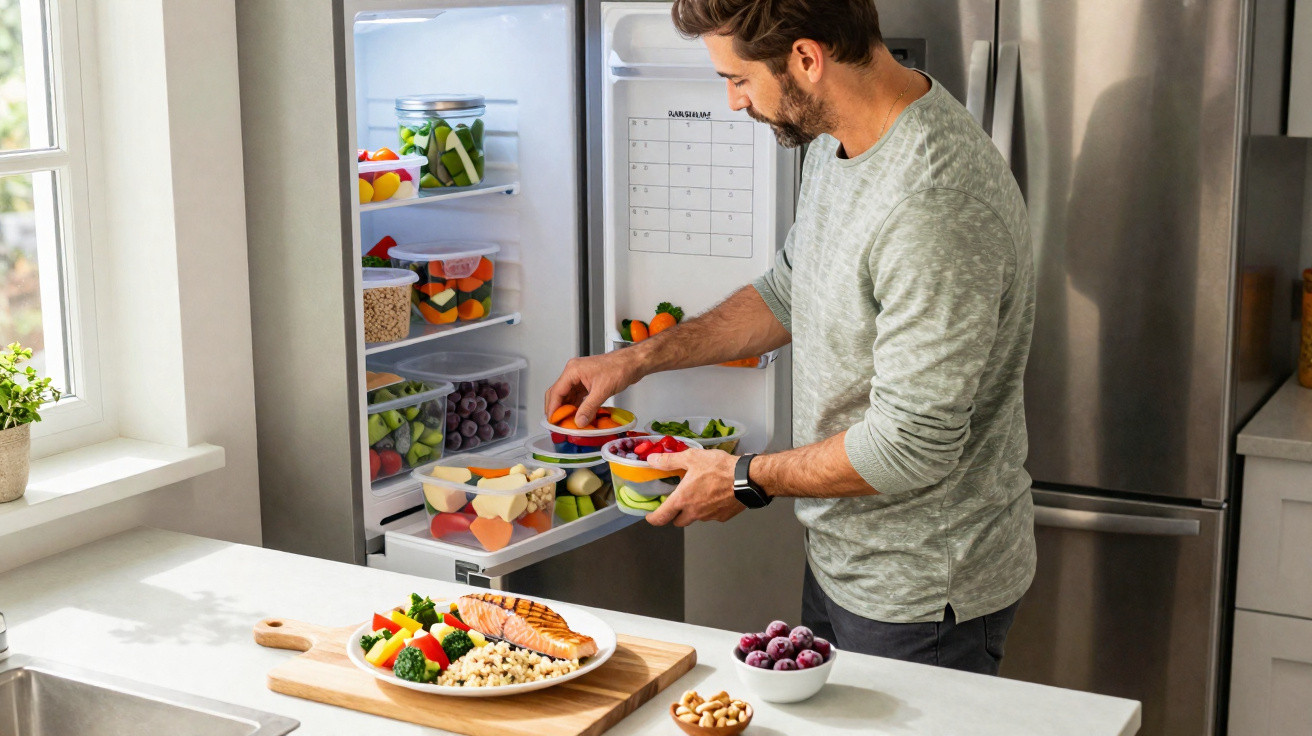 Homem retira potes com frutas do frigorífico na cozinha moderna iluminada.