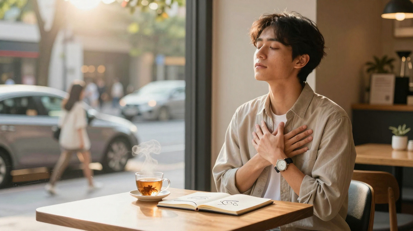 Jovem sentado numa cafetaria com os olhos fechados, mãos no peito, desfrutando de um momento de calma.