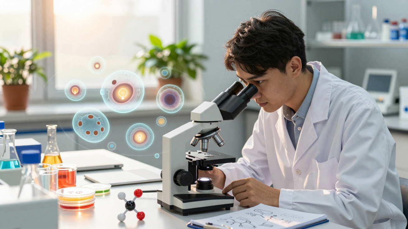 Cientista em bata branca observa através de microscópio num laboratório com petri e moléculas.