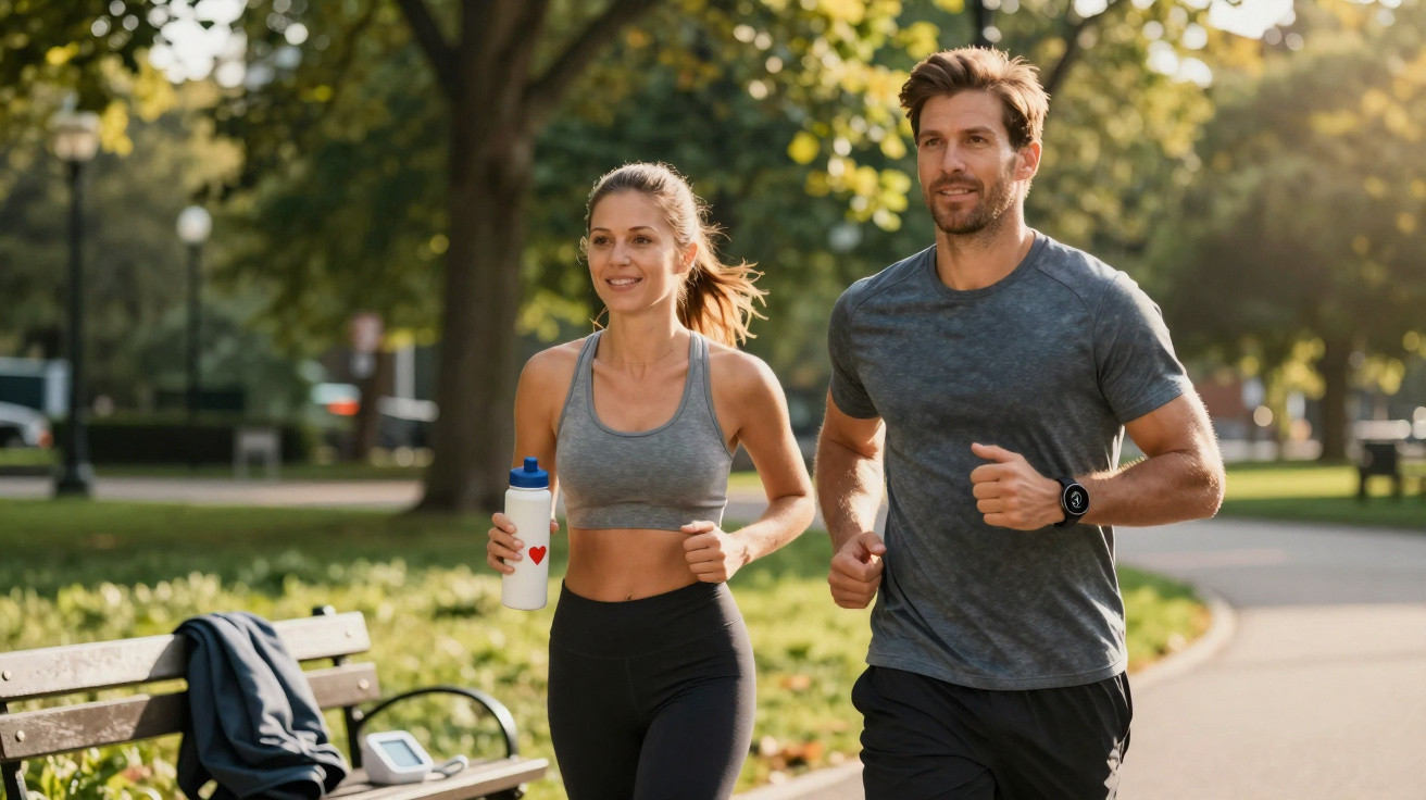 Casal jovem a correr num parque ensolarado, com roupas desportivas e sorriso no rosto.