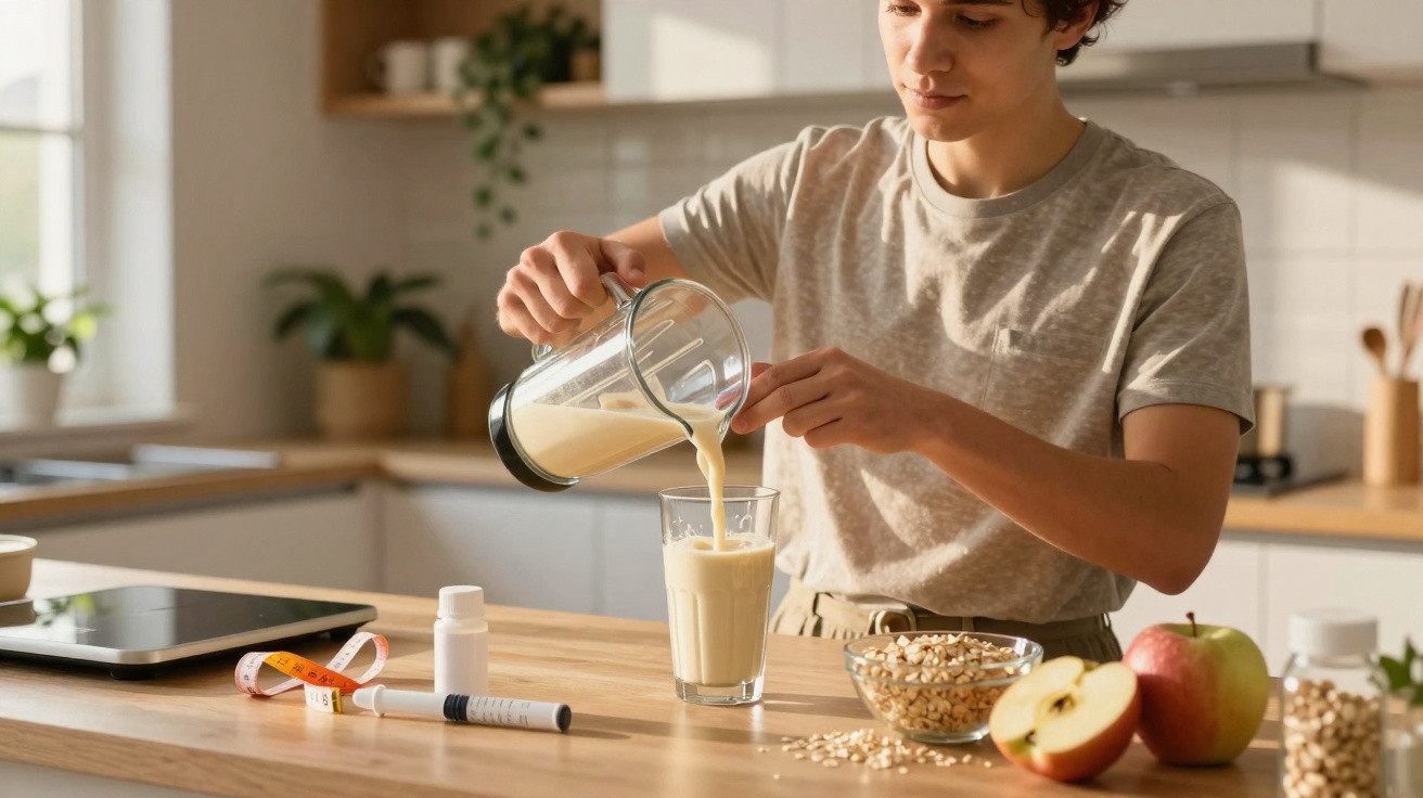 Pessoa a verter smoothie numa cozinha com fruta, medicamentos e utensílios para medição na bancada.