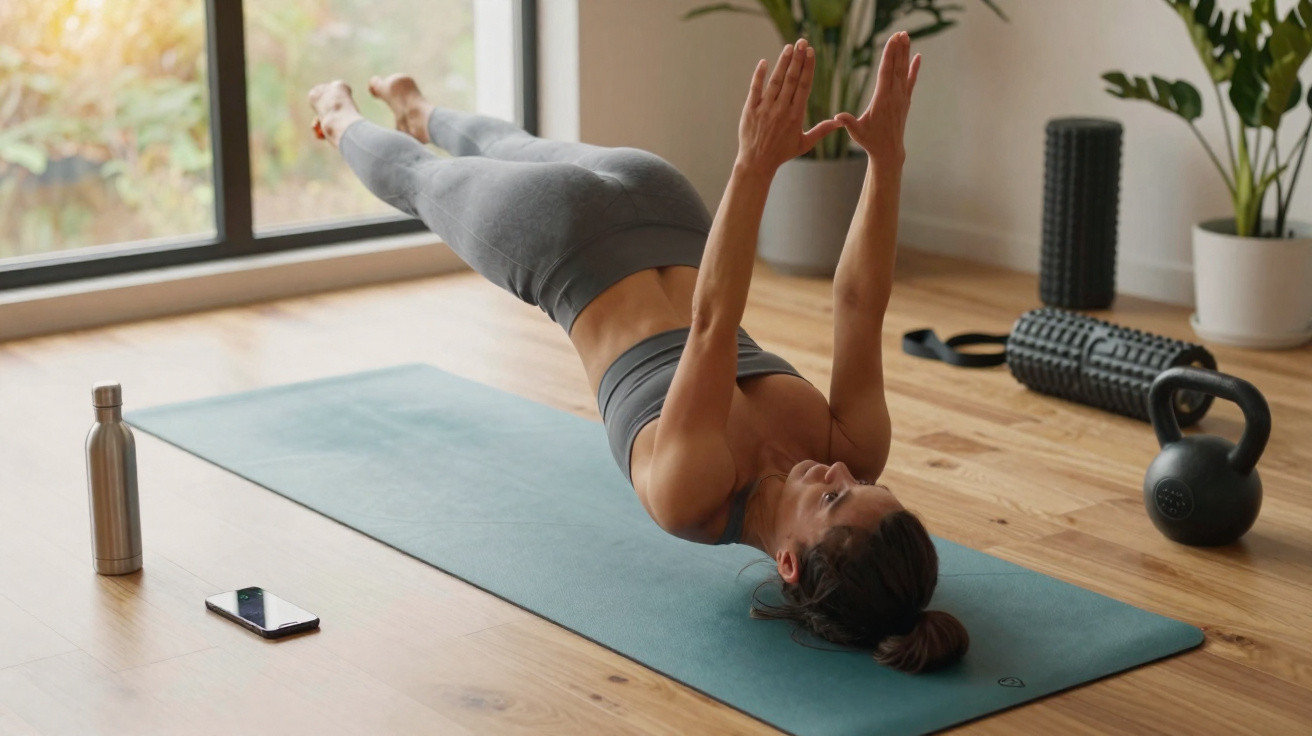 Mulher a fazer exercício de prancha suspensa numa sala de estar com tapete de yoga e kettlebell.