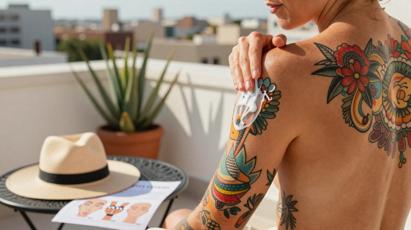 Pessoa a aplicar creme num ombro tatuado, com chapéu e planta num pequeno-almoço ao ar livre.