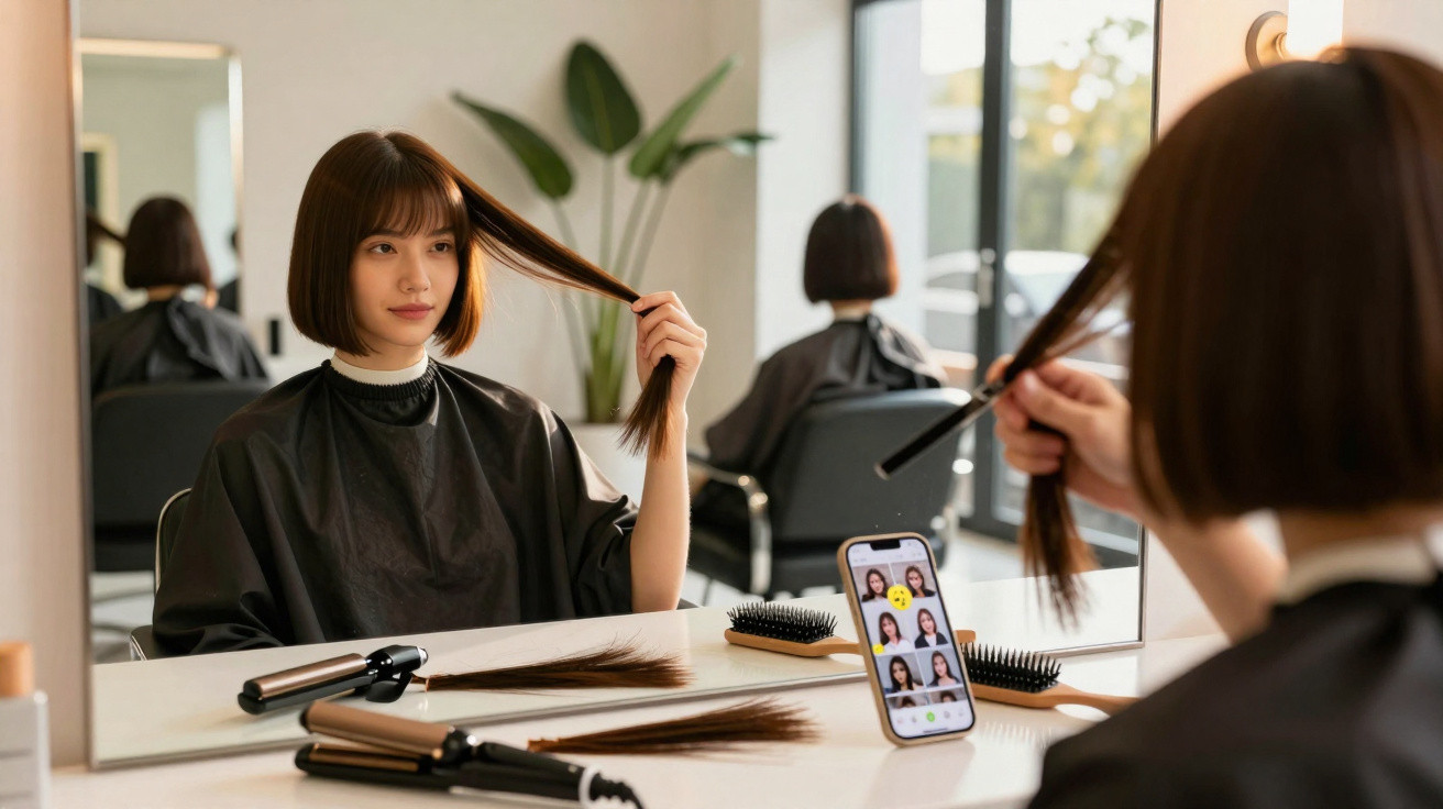 Mulher jovem num salão de cabeleireiro segurando o cabelo na frente do espelho, com smartphone na mesa.
