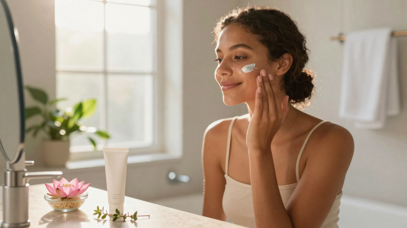 Mulher a aplicar creme facial, sentada numa casa de banho iluminada, com planta e espelho à frente.