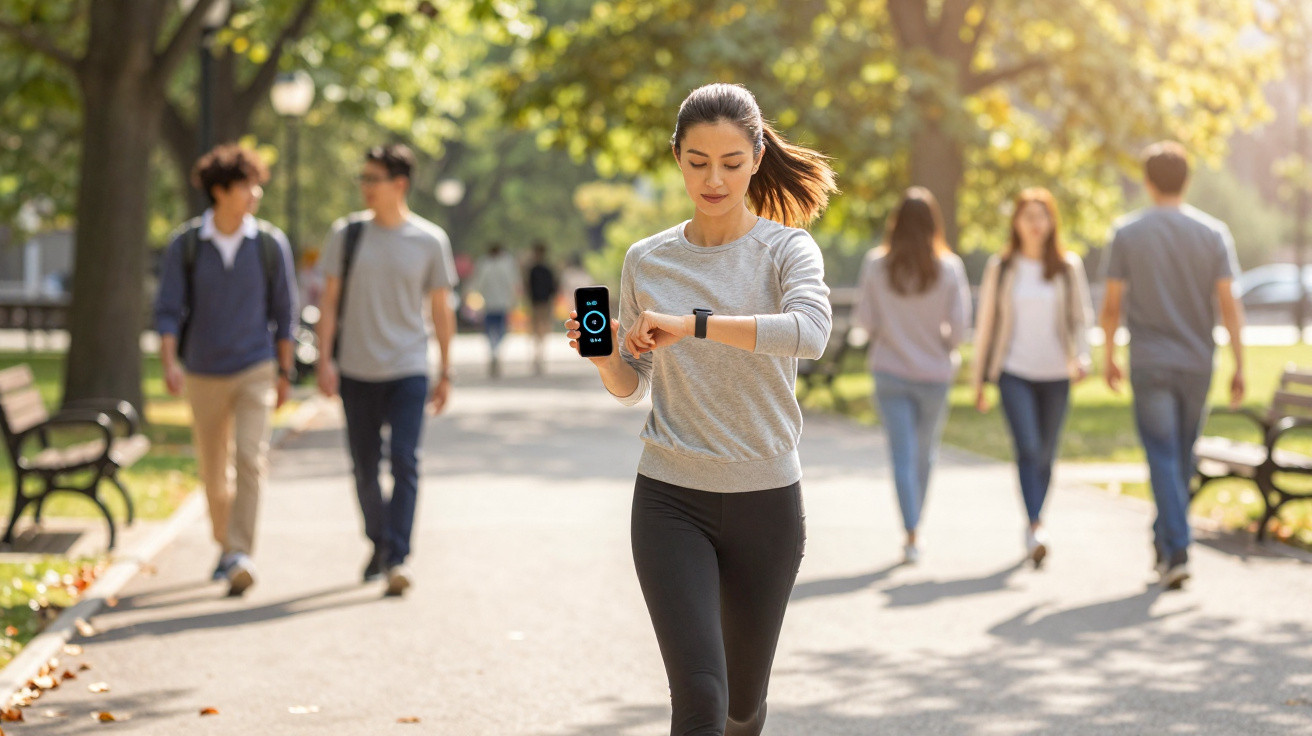 Mulher a correr num parque, olhando para relógio inteligente e a segurar telemóvel com app de fitness aberta.