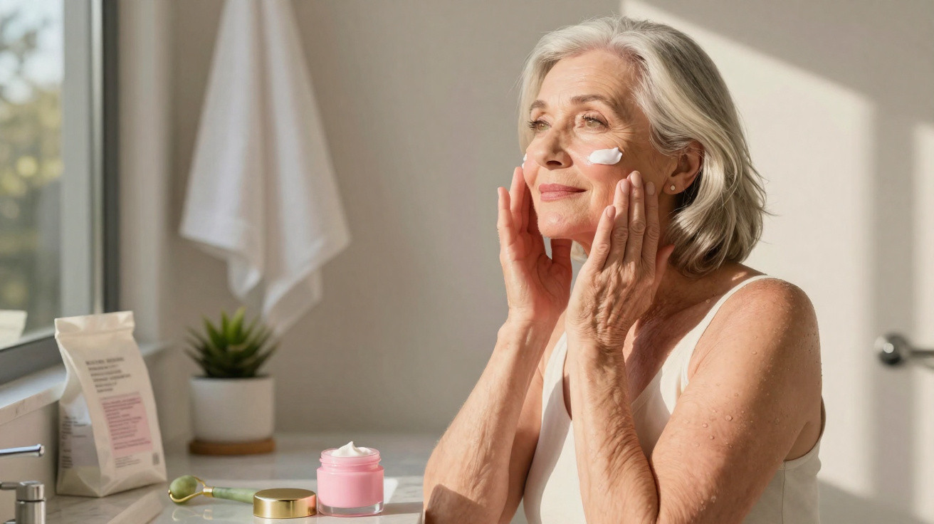 Mulher sénior aplica creme hidratante no rosto numa casa de banho iluminada naturalmente.