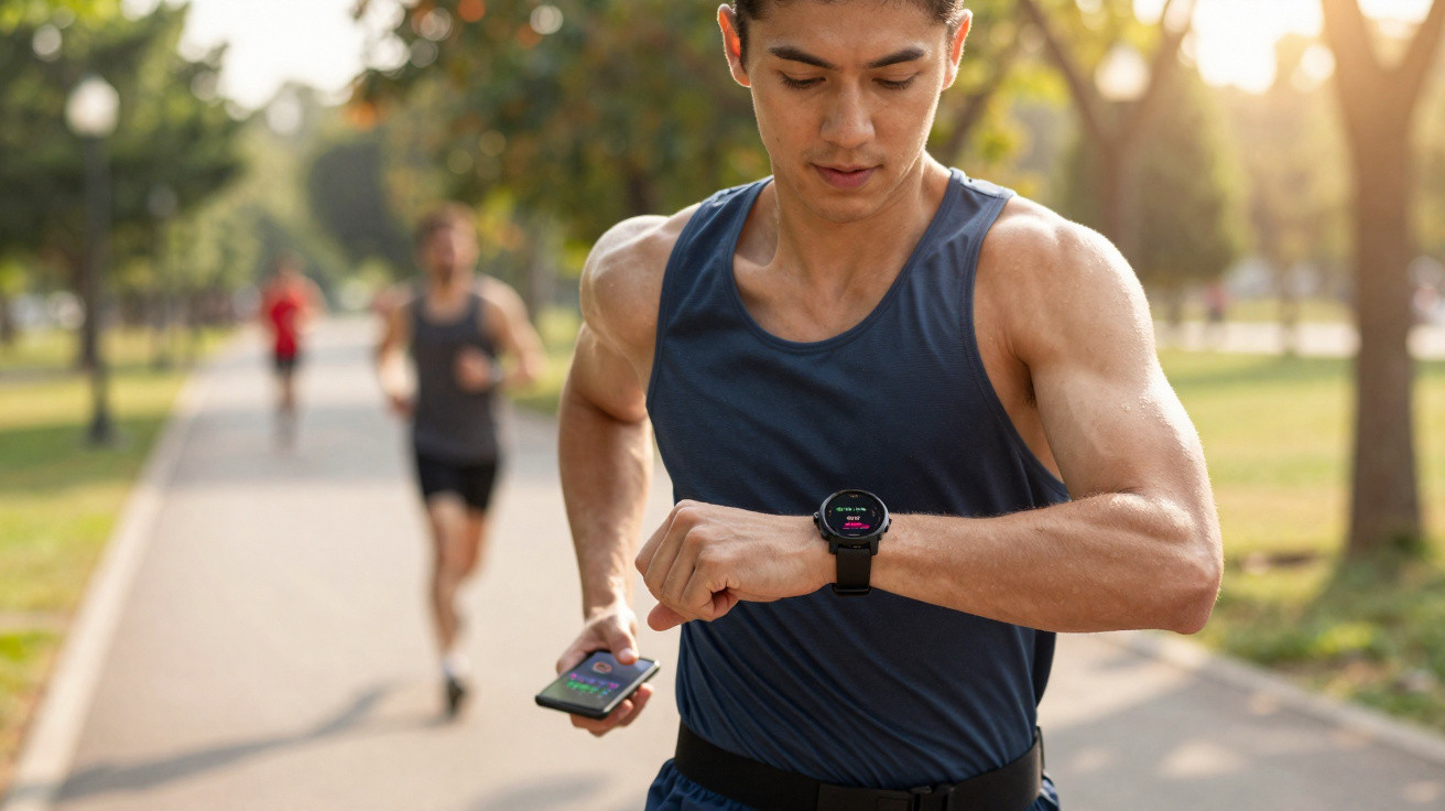 Homem a correr num parque, a verificar dados num relógio desportivo enquanto segura um smartphone.