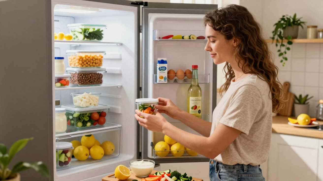 Mulher a guardar recipientes com vegetais no frigorífico aberto na cozinha moderna.