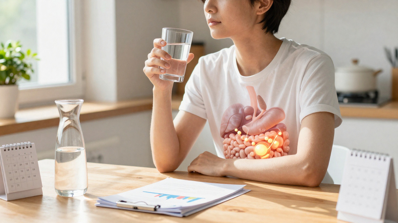 Pessoa segura um copo de água numa mesa com documentos, com ilustração do sistema digestivo visível no corpo.