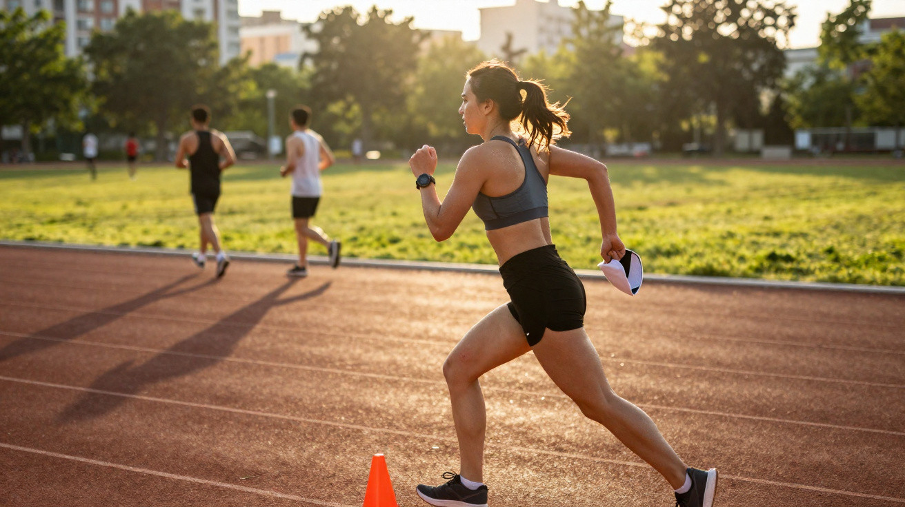 Mulher jovem a correr numa pista de atletismo ao fim da tarde com outras pessoas ao fundo.