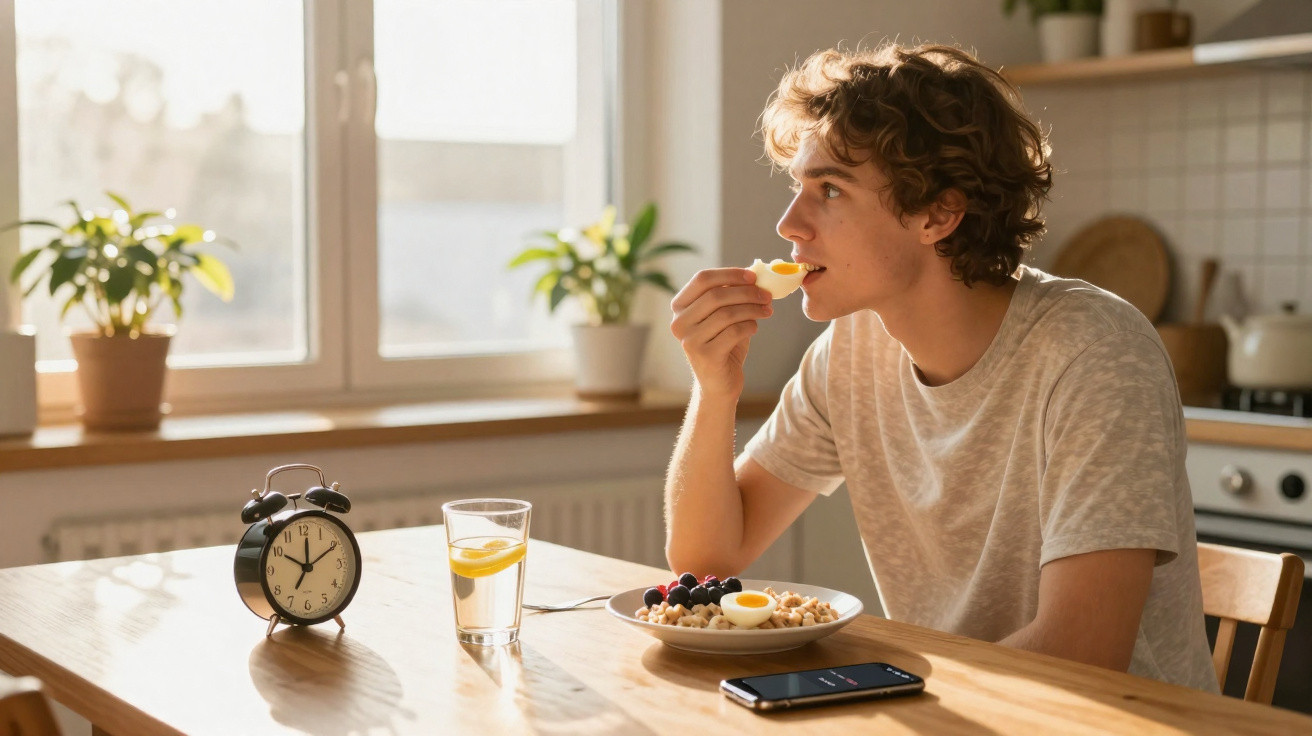 Jovem sentado a comer pequeno-almoço numa cozinha luminosa com relógio, copo de água e telemóvel na mesa.