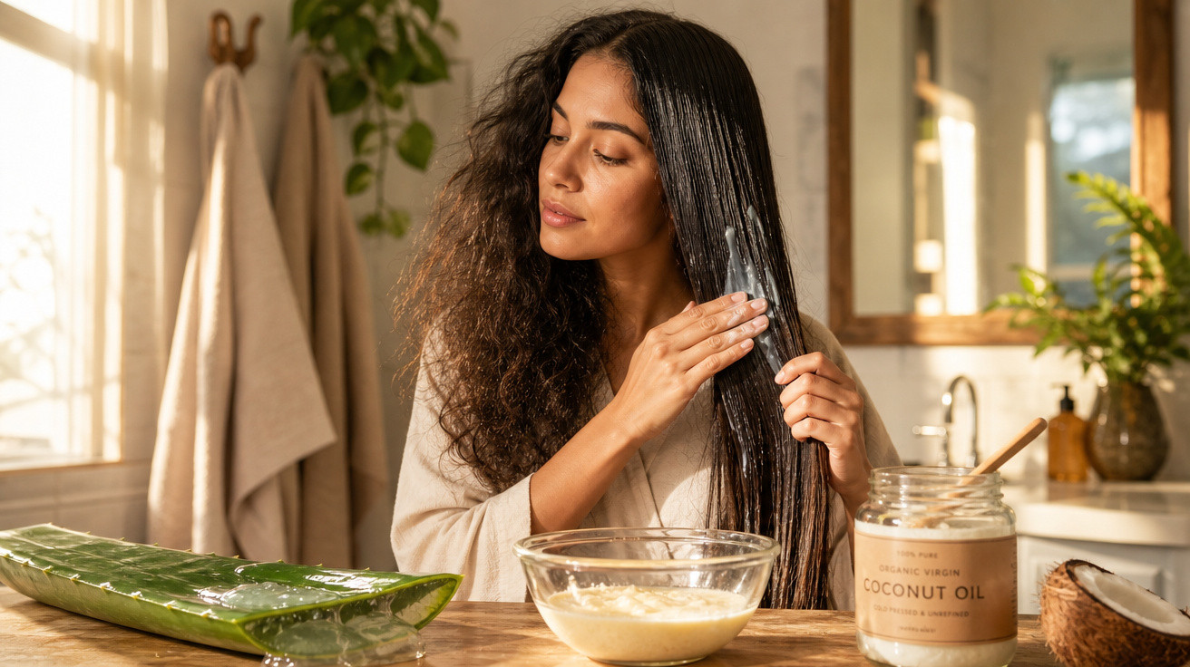 Mulher aplica óleo de coco no cabelo, sentada à mesa com ingredientes naturais num ambiente luminoso e acolhedor.