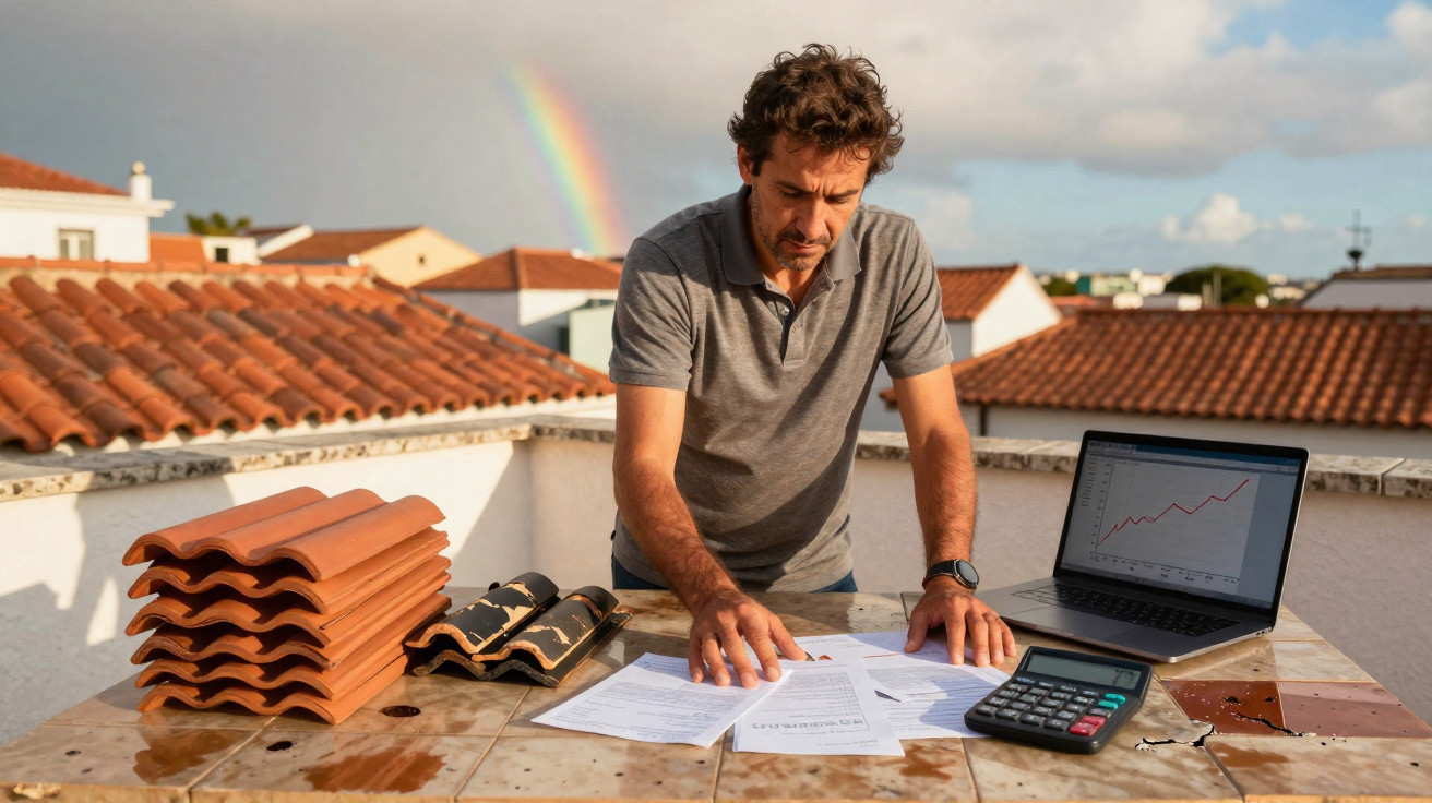 Homem a analisar documentos numa mesa exterior com telhas, calculadora e computador, com arco-íris ao fundo.