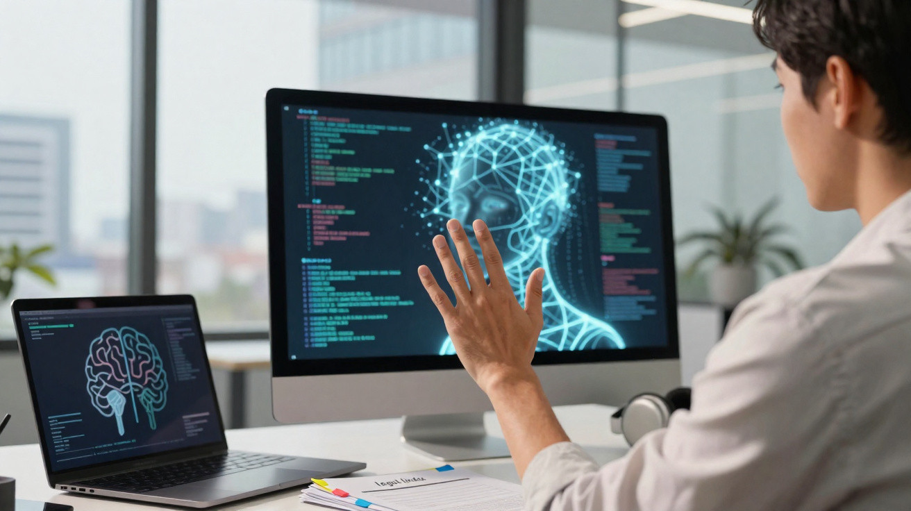 Pessoa a interagir com ecrã digital que exibe modelo 3D de cérebro e face humana com dados técnicos.