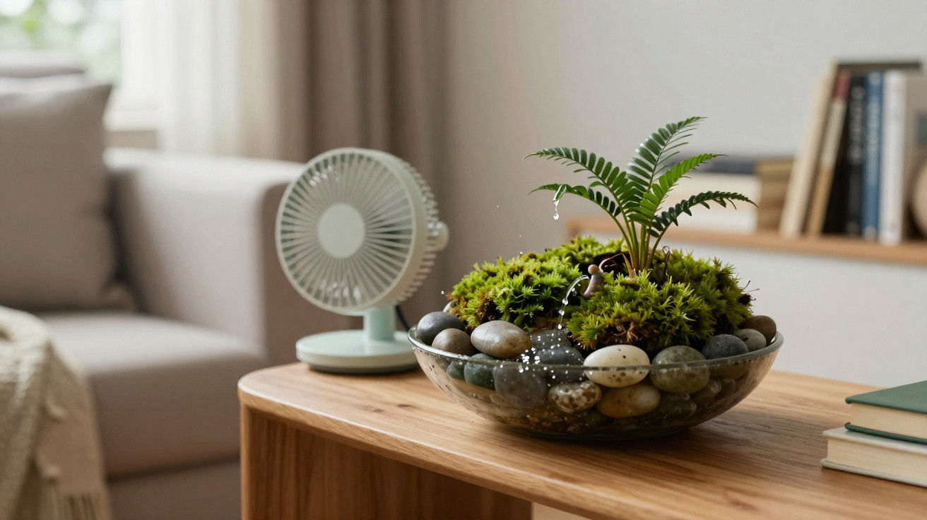 Vaso decorativo com plantas e pedras numa mesa de madeira junto a sofá, ventilador e livros numa sala.