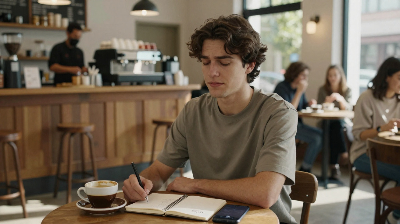 Jovem sentado num café a escrever num caderno com uma chávena de café ao lado e outras pessoas ao fundo.