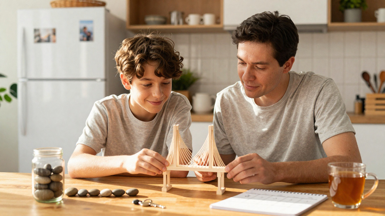 Pai e filho a montar modelo de ponte em madeira numa mesa de cozinha com chá e pedras decorativas.