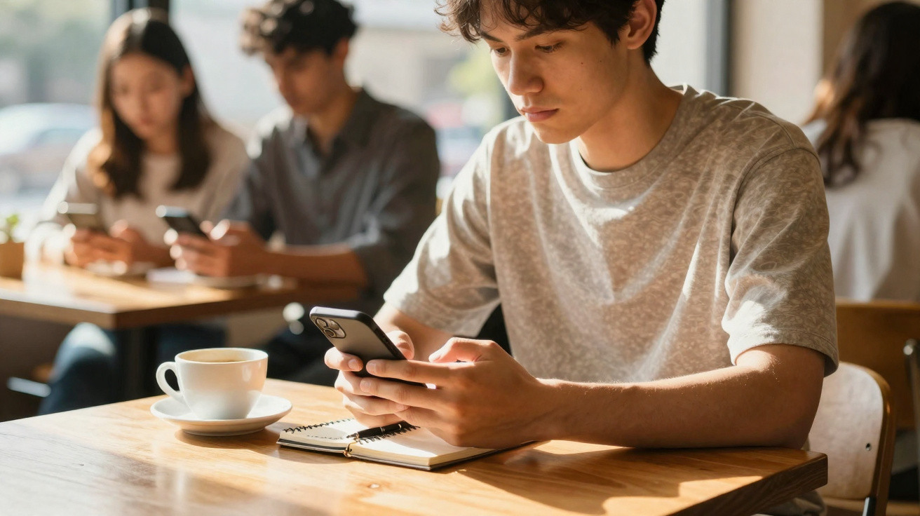 Jovem sentado à mesa com telemóvel, caderno e chávena, outras pessoas também usam telemóveis ao fundo.
