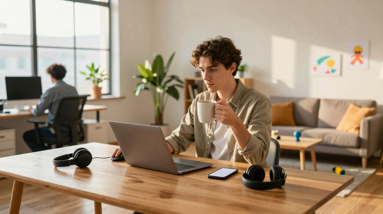 Jovem a trabalhar com computador portátil e a beber café numa mesa de madeira, em escritório luminoso.